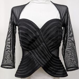 Tadashi Shoji Blouse Sheer Long Sleeve Sweetheart Neck Full Zip Back Vintage M